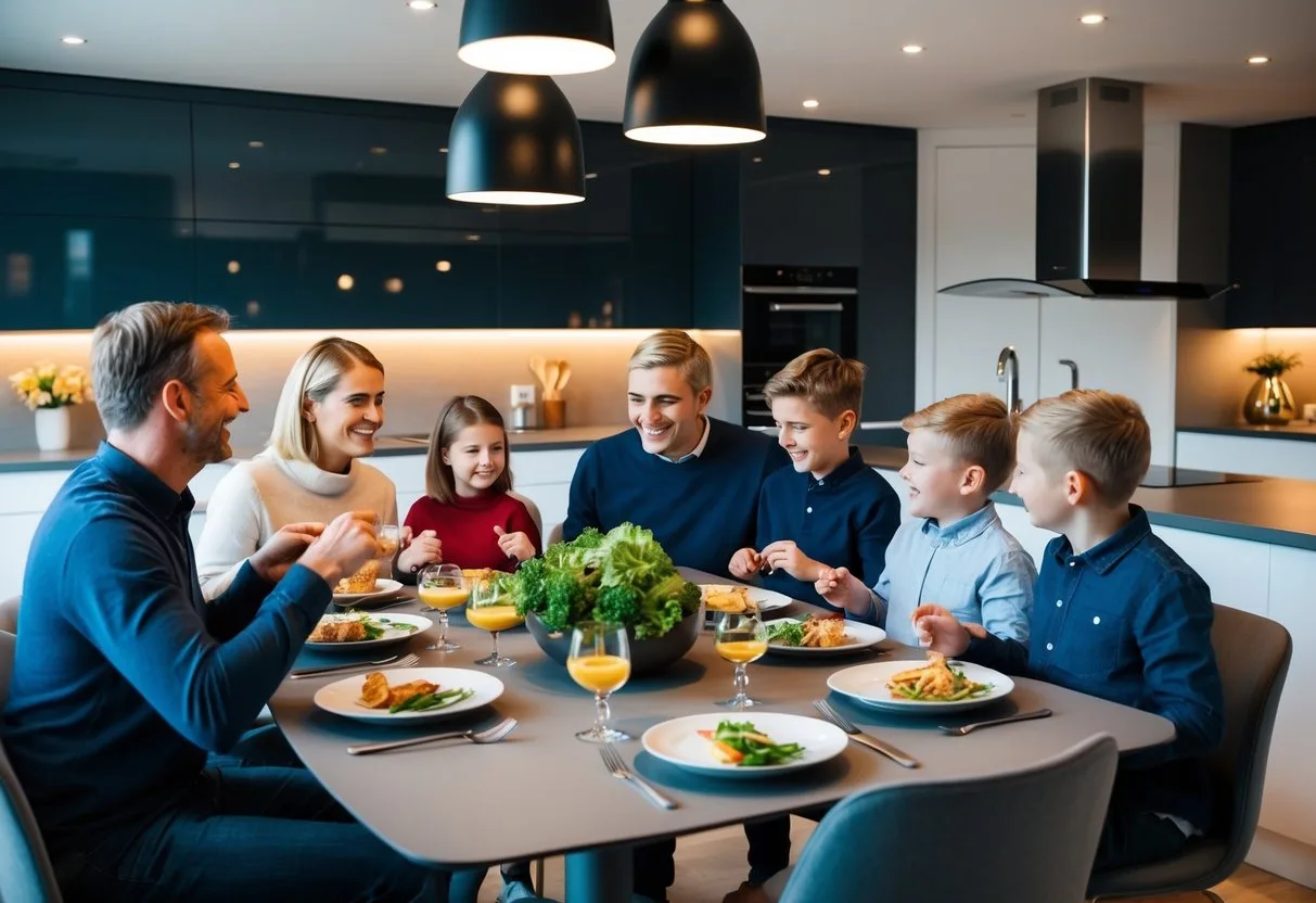 En familie samles omkring et elegant skræddersyet Rotpunkt køkken og nyder et måltid sammen